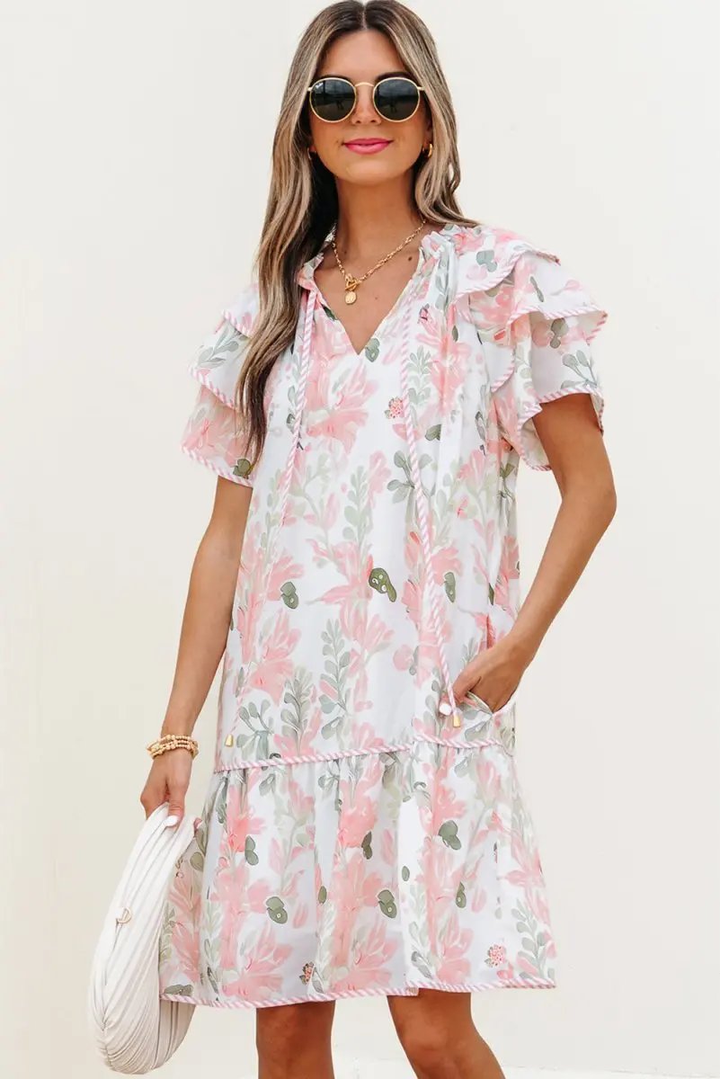 Pink Floral Contrast Edge Layered Short Sleeve Mini Dress - Love Salve